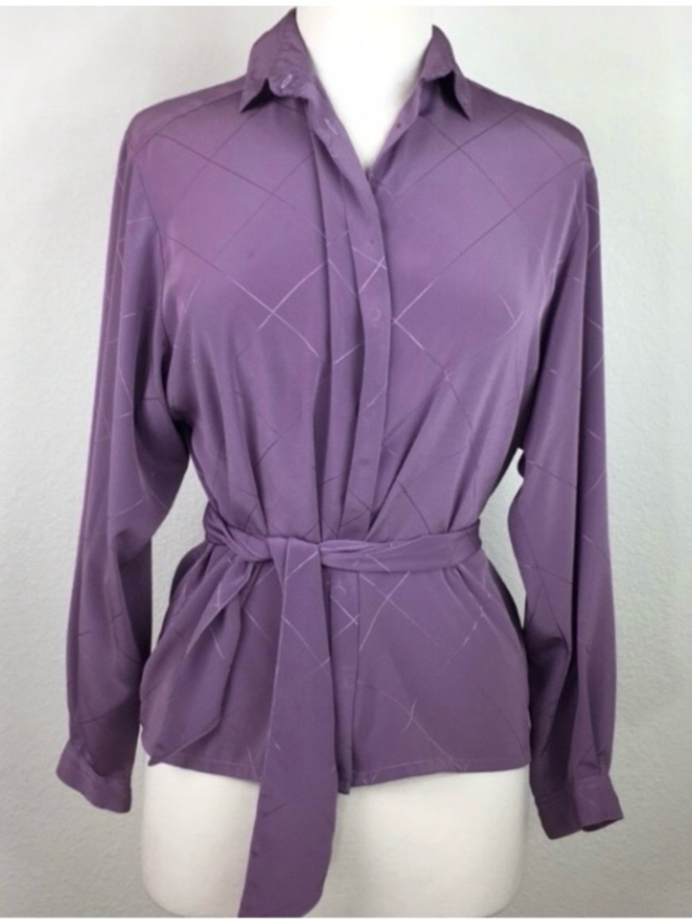 Vintage Jaeger Womens Lavender Checked Classic Blouse With Removable Belt Size M